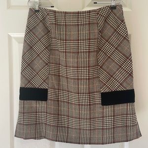 Valentino Plaid Wool Skirt Brown Velvet Trim